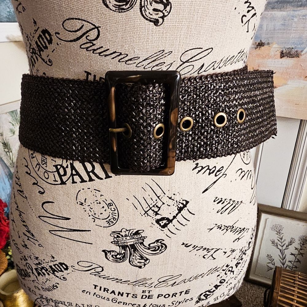 Woven Stretch Waist Belt with Buckle - Black